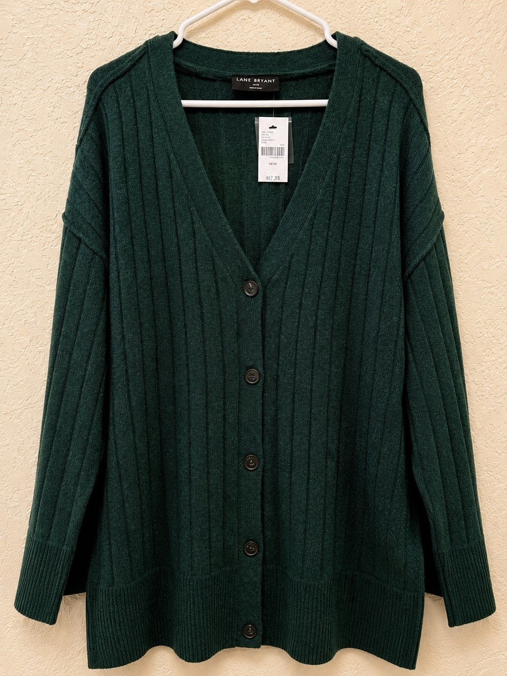 Lane Bryant Deep Green Ribbed V-Neck Button Cardigan